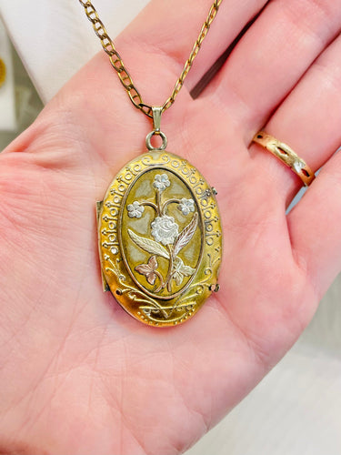 Large Victorian Gold Filled Locket with Silver Flowers Jewelry Bloomers and Frocks